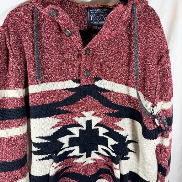 American Eagle Aztec Hoodie Mens Xl Red Cable Knit 1/4 Button Pullover Pockets - Picture 4 of 6